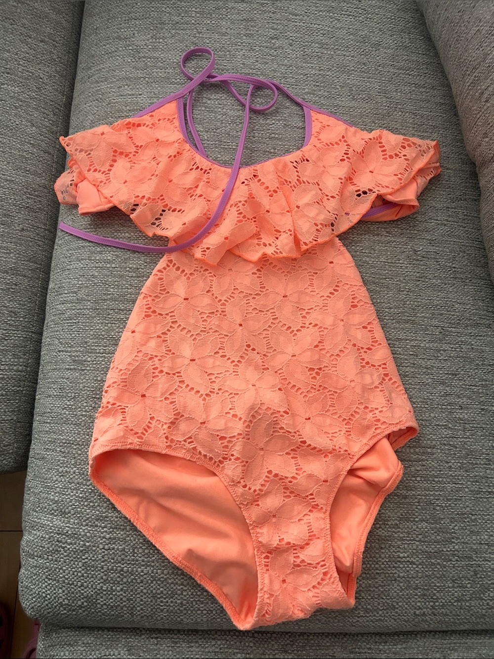 Victoria's Secret Coral Lace One-Piece Swimsuit with Purple Trim